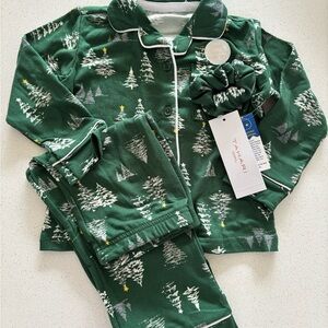 Tahari Green and White Pajama Set with Winter Motifs